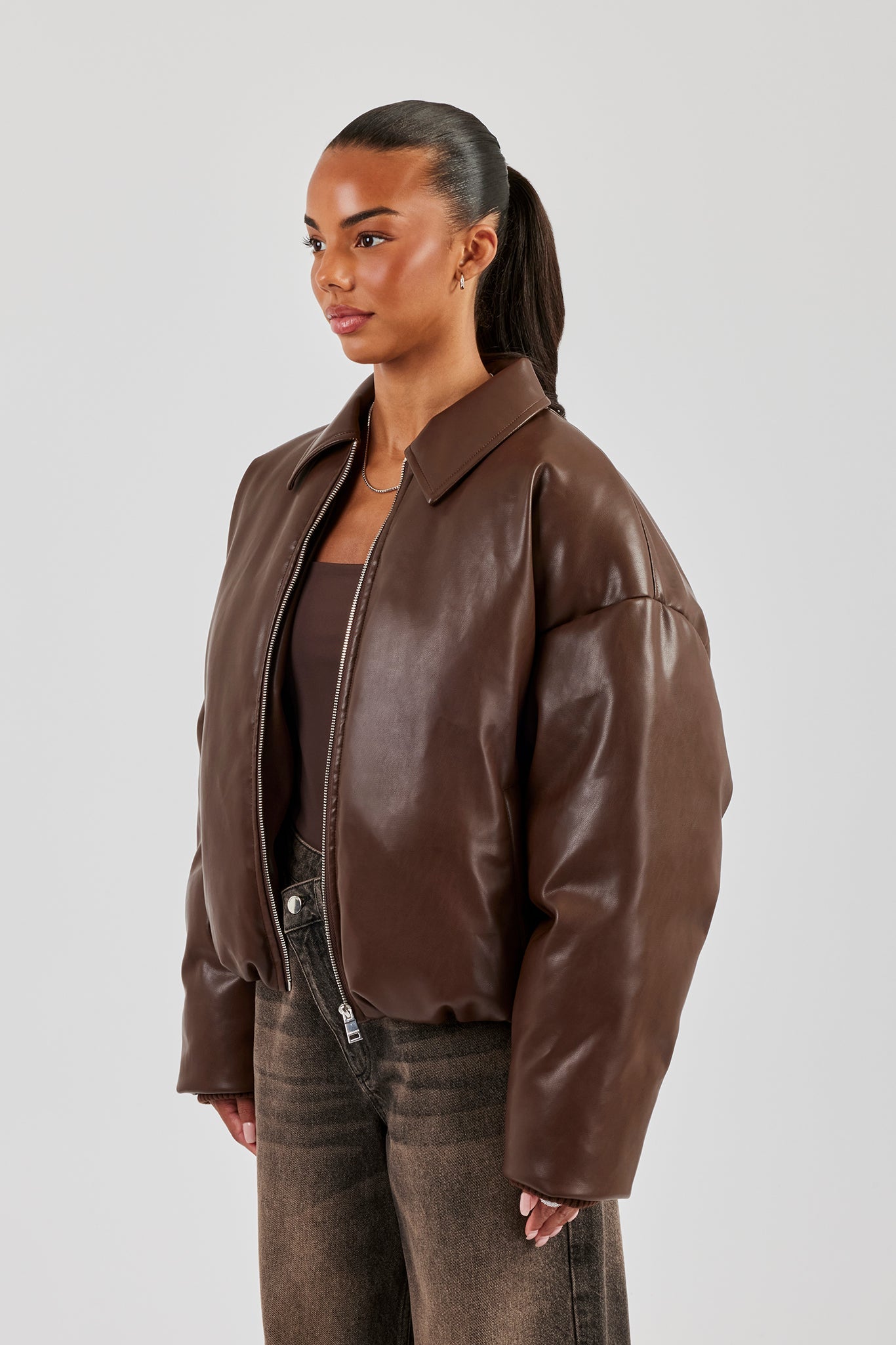 PU Padded Collared Bomber Jacket - Brown
